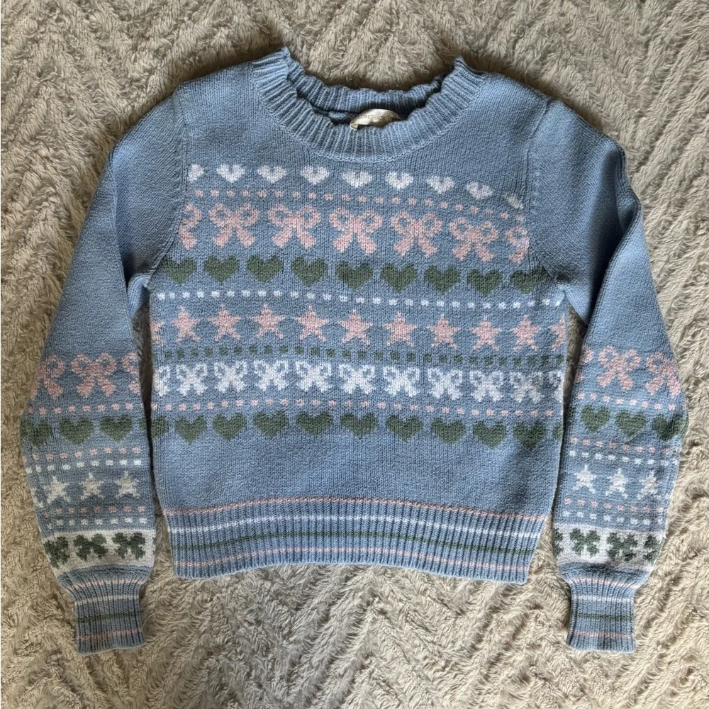 Love Shack Fancy Large Fair Isle Sweater Blue Pink Cotton Blend Long Sleeves XS - Picture 2 of 6
